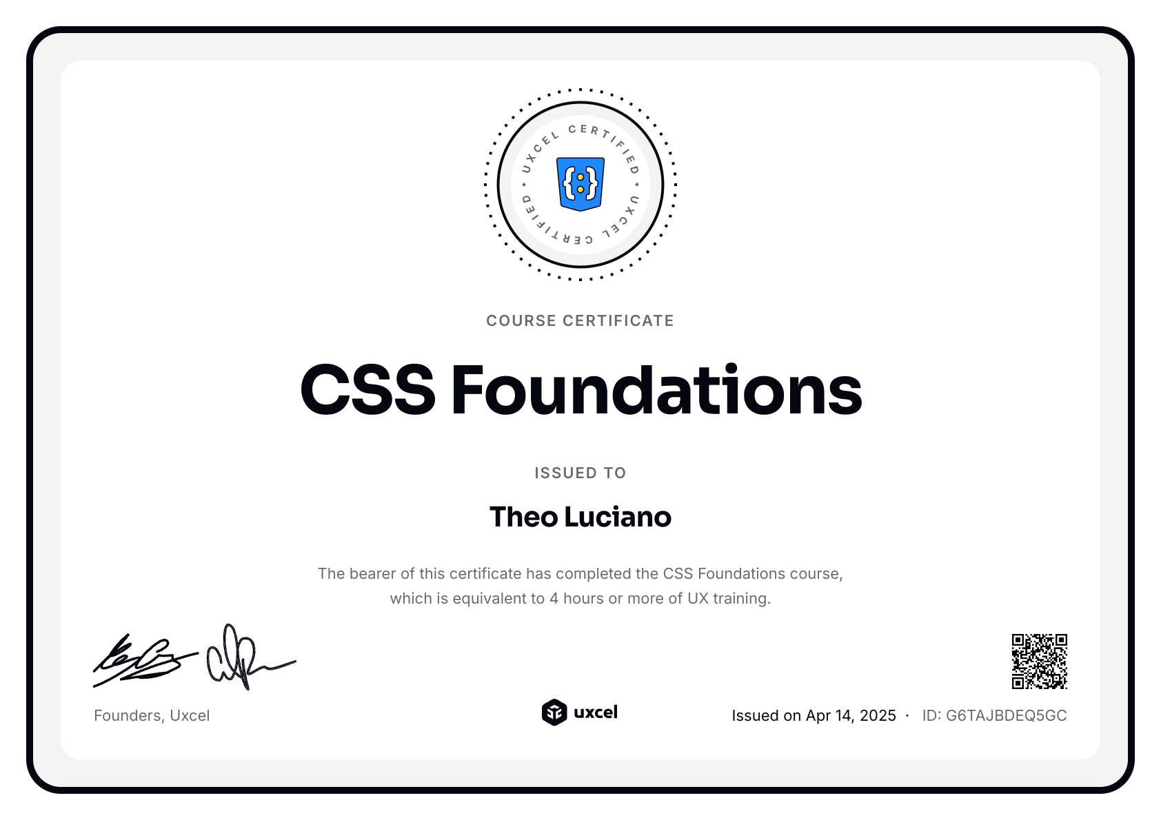 Theo Luciano's certificate